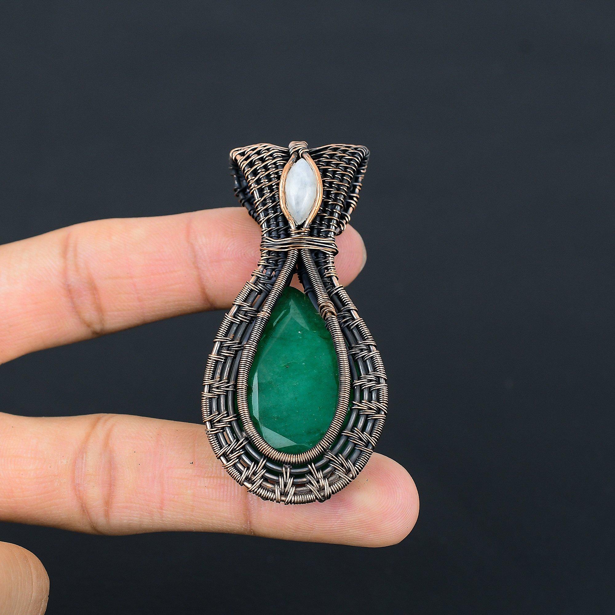 

Emerald & Moonstone Pendant, 999 Copper Wire Wrapped Pendant Gemstone Jewelry, Handmade Pendant Amazing Jewelry, Gift For Her 2.55 Inches