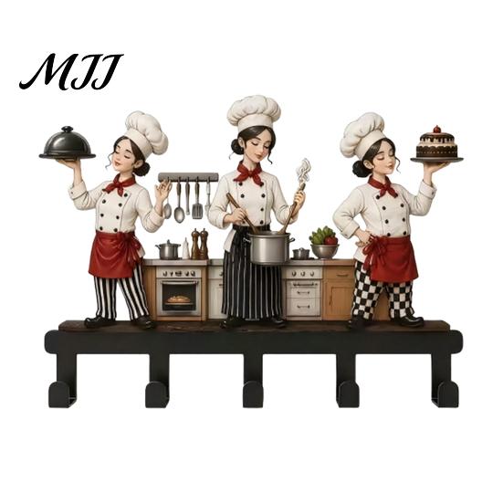 Decorative Chef Figurine Rack Metal Kitchen Wall Hanger with Chef/House/Gnome/Train Elements, Hanging Hooks, Organizer Mounted Storage for Utensils