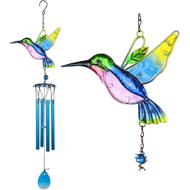 Evealyn Outdoor Hummingbird Wind Chimes, Indoor Handing Stained Glass Metal Music Beautiful Wind Chimes for Home, Balcony,Window, Garden, Yard,