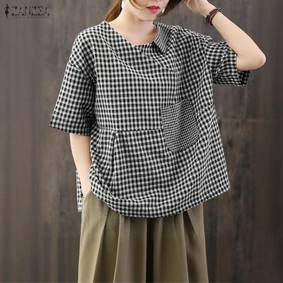 Women Casual V-neck Summer Short Sleeve Grid Print Blouse