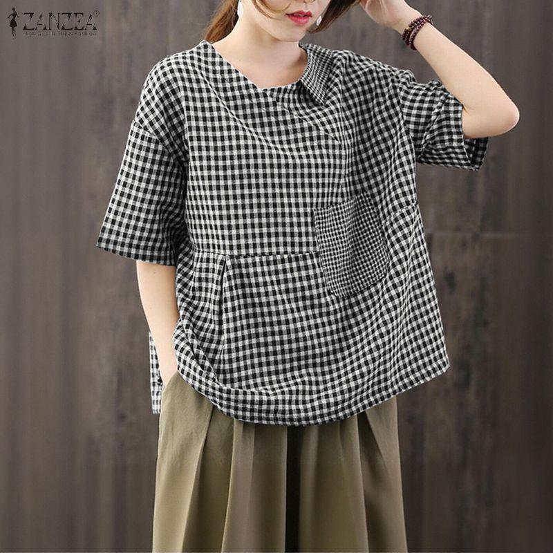 ZANZEA Women Casual V-neck Summer Short Sleeve Grid Print Blouse