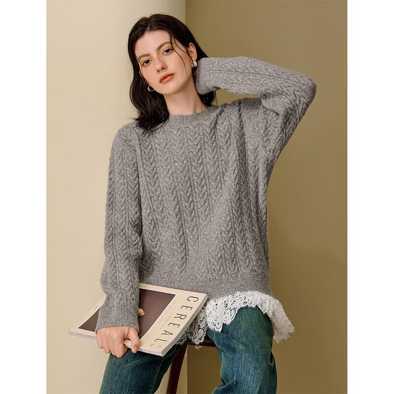 INMAN Women's Retro Lace Splicing Cable Knit Pullover Sweater