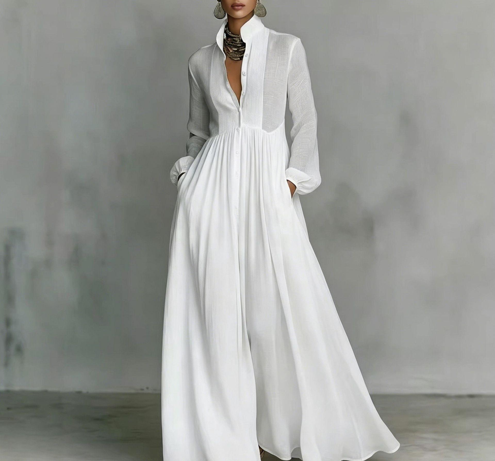 European and American French waist and thin long-sleeved pleated dress temperament elegant retro leisure M