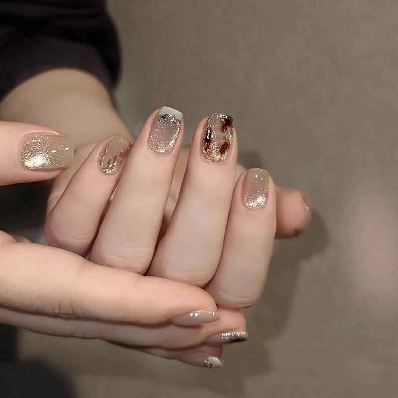 

Gold Foil Light Blue Short French Glitter Leopard Cat Eye Wearable Nail Tips
