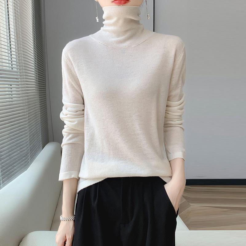 Versatile Pure Wool High Neck Solid Color Women's Slim Top for Spring & Autumn 2023