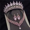 Wunderschöne rosa Kristall-Diademe Brautschmuck-Sets für Frauen Mode Krone Ohrringe koreanische Hochzeit Halskette Dubai Schmuck-Sets