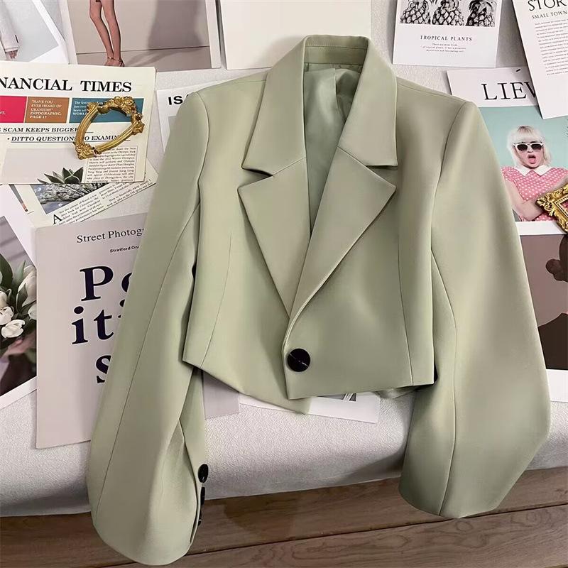 Women's One Button Short Blazer, Polyester Long Sleeve Notched Lapel Regular Fit Elegant Commuter Suit Jacket