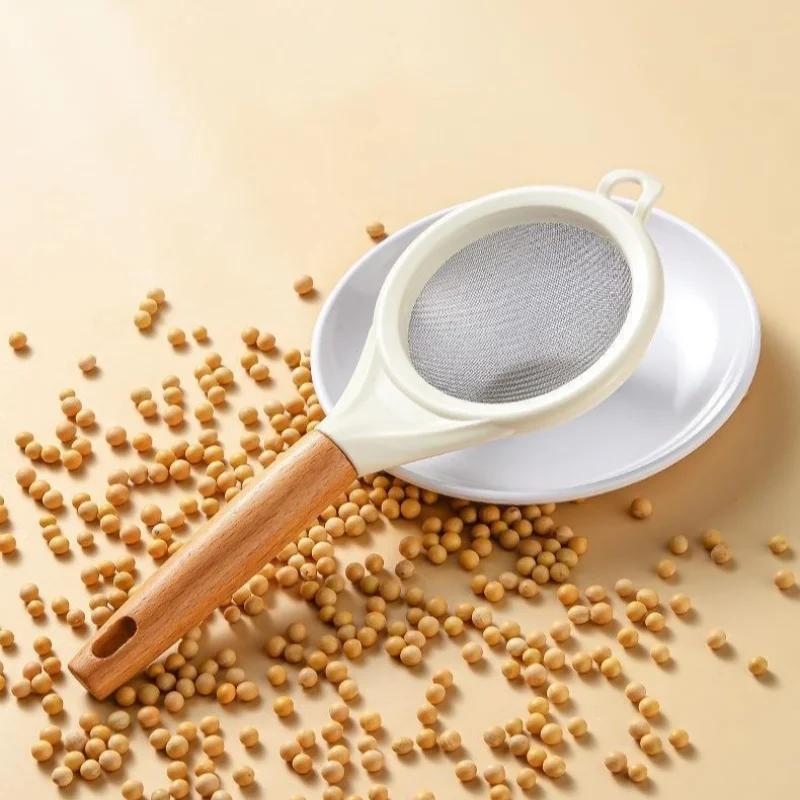 Stainless Steel Flour Sieve Sugar Powder Juice Soybean Milk Foam Filter Fine Screen Wooden Handle Household Kitchen Baking Tools
