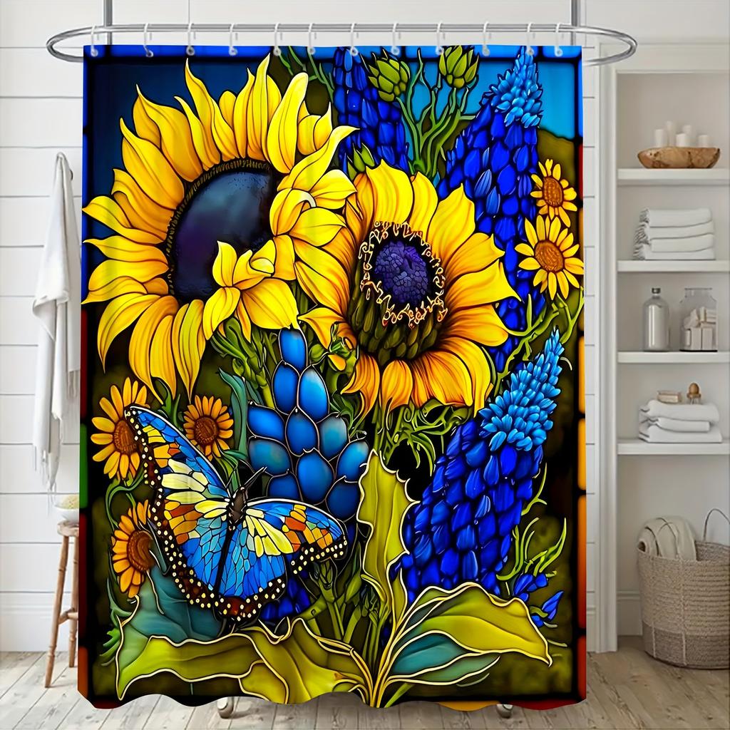 1pc Shower Curtain - Vibrant Sunflowers and Blue Butterfly Design for a Colorful Bathroom Waterproof