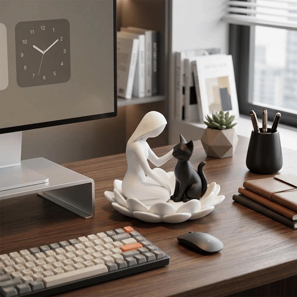 Creative Girl And Cat Statue 3D Printed Lotus Cat Sculpture Collection Desktop Ornaments Home