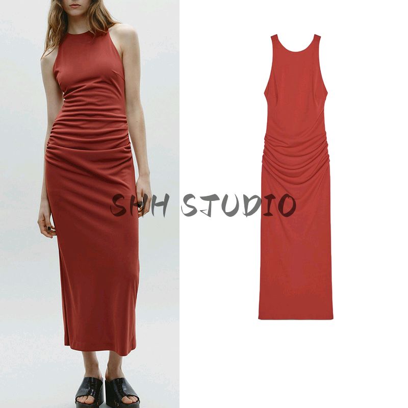 Spring New Women's Clothing French Style Ruched Decorative Back Cross Hanging Collar Midi Skirt Dress 2318262