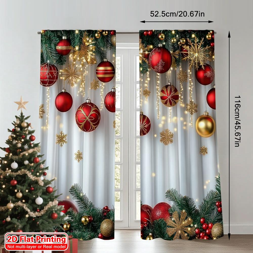 2D flat printing 2pcs Merry Christmas Scene Curtains Red and Gold Ball Pine Branch Snowflake Machine Washable Polyester Without
