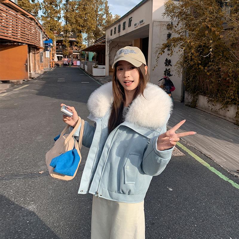 Big fur collar down cotton jacket women's winter short temperament loose small deerskin down cotton jacket