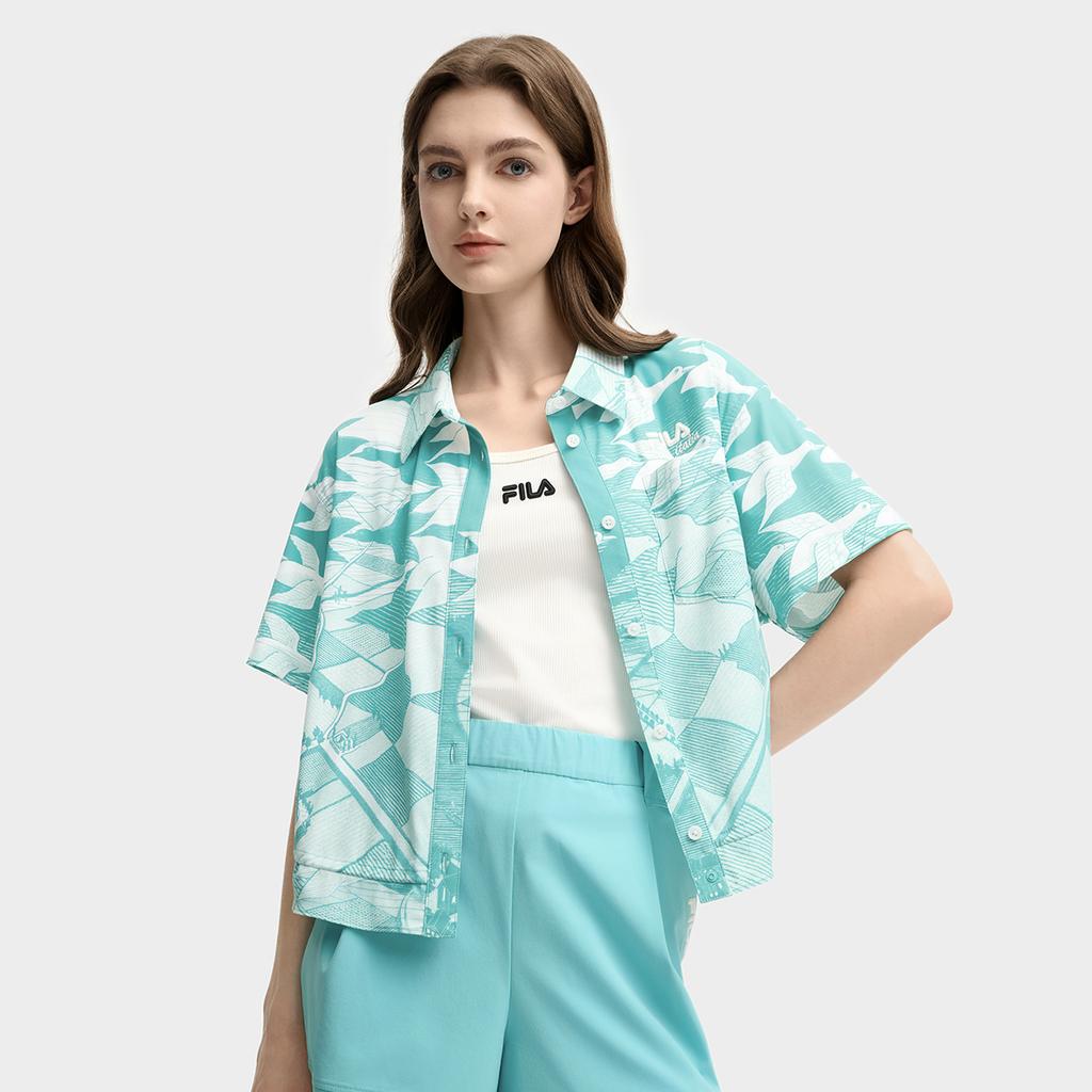 Fila X M.C. ESCHER Heritage Series Fashion Casual Simple Short Sleeve Shirt Women Shirts Blue F11W538402F-ZA