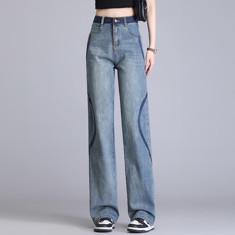 

Women s High-Waist Color Block Wide-Leg Jeans - Summer Casual Narrow Straight Fit 27 синій