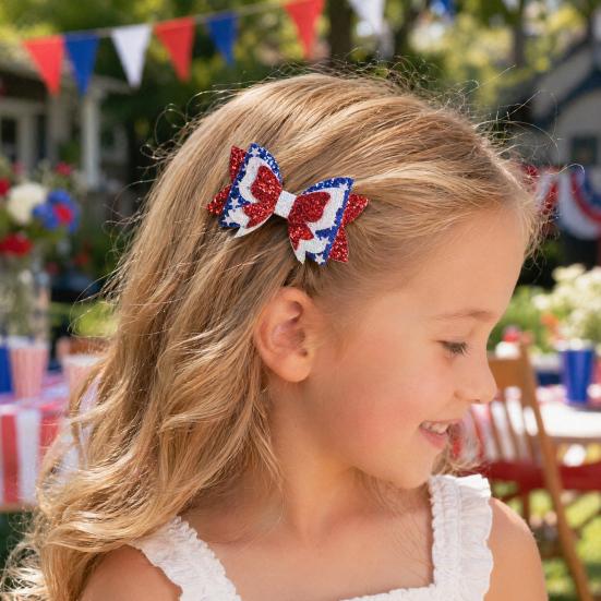 Independence Day Bow Hair Clip, Double-Layered Red White Blue Glitter Bow Hair Pin, Non-Slip Clip for Holiday Party Accessory