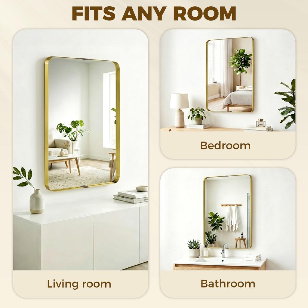 Rectangular Wall Mirror, 90 X 60 Cm Wall Mounted Bathroom Mirror W/ Aluminium Alloy Frame and Tempered Glass, Gold Tone