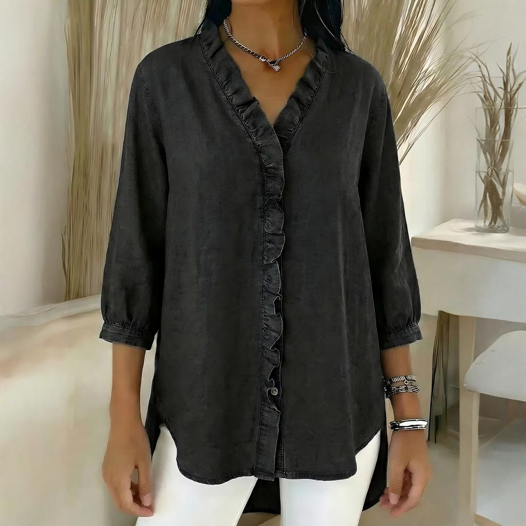 Dámská módní ležérní džínová košile s V-výstřihem a volánky