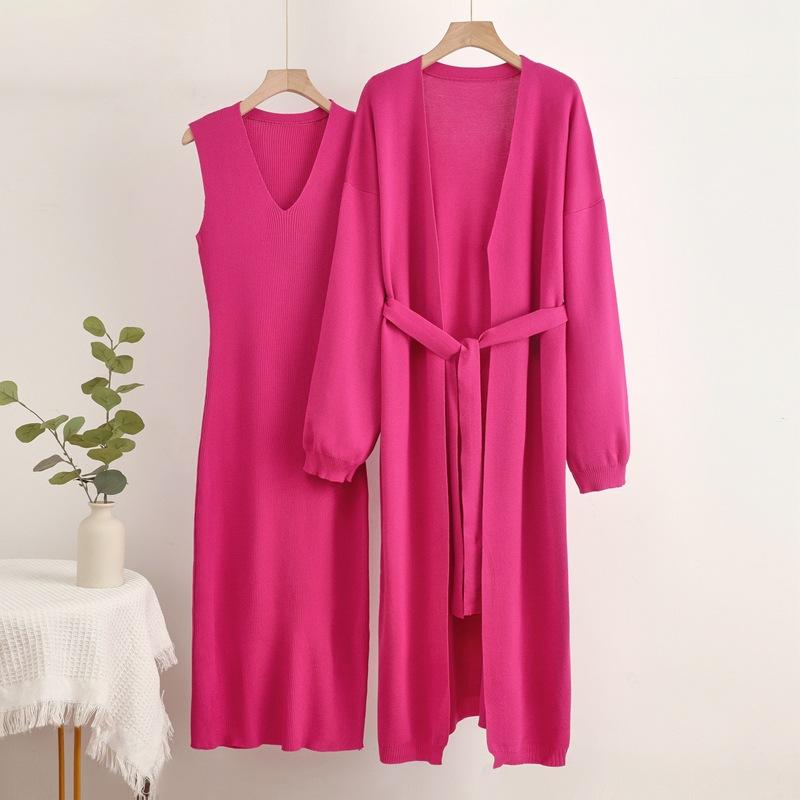 Autumn and Winter Lazy Loose Knitted Suit Women's Long Shawl Cardigan Dress Two-piece Set