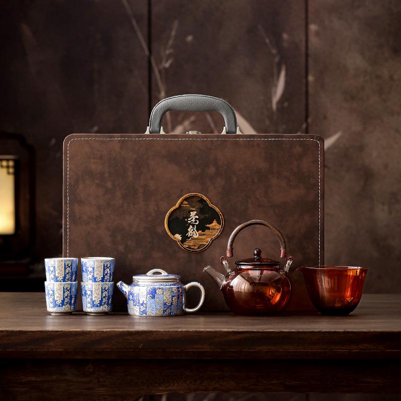 Silver-Plated Blue & White Porcelain Gongfu Tea Set with Kettle Handle - Perfect High-Grade Gift for Elders & Leaders.