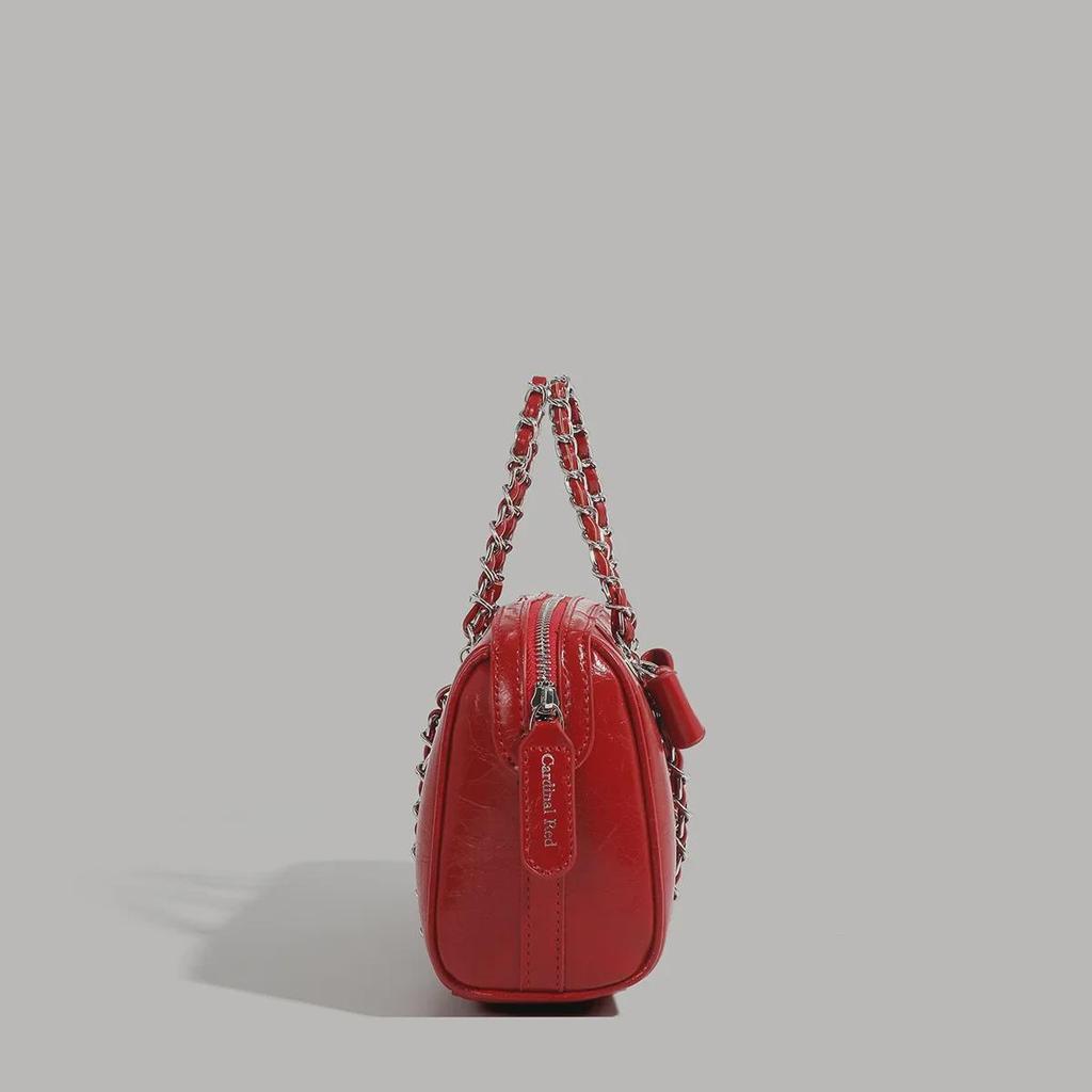 Korean-Style Boston Wax Leather Handbag with Bow Accent
