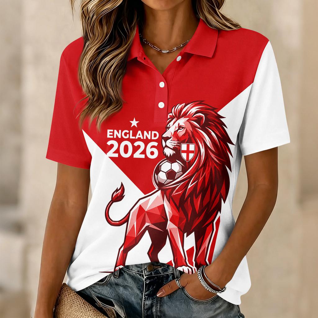 Women's Casual Button Front Short Sleeve Polo Shirt Football Fan Support Printed Collar Top for Everyday Wear