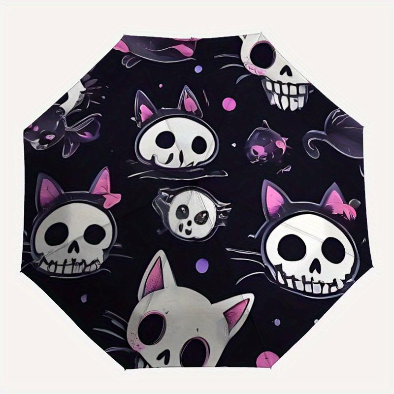 

1pc Skull Cats Automatic Open/Close Umbrella with Windproof, Functional Design, 8-Rib Sturdy Canopy