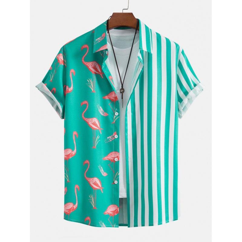 Camicia da Uomo a Maniche Corte a Strisce di Fenicottero Hawaiano Stile Europeo Americano Stampa Digitale 1D TEMU Vendita Calda