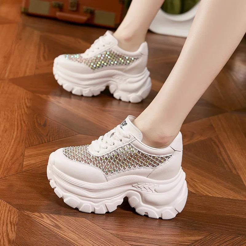 Fashion High Quality 9CM Air Mesh Microfiber Leather Summer Bling Bling Fashion Ankle Boots Hollow Chunky Sneaker Vulcanize Women Shoes