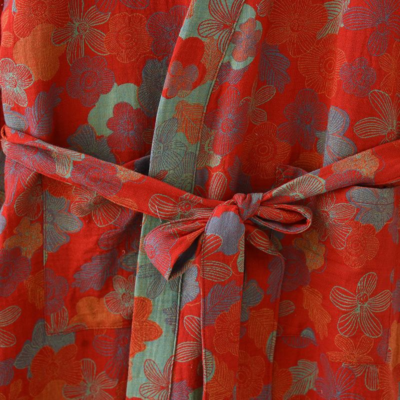 Damen Bademantel im Retro-Stil mit Blumendruck, gewebter Jacquard-Baumwolle, Kimono Yukata Homewear Roben, Nachthemd Bademäntel für Frauen