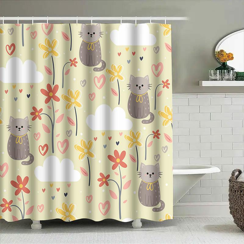 Cute Cats Flowers Shower Curtain Bathroom Decor For Home Decoration Waterproof Fabric With Hooks Set (White)