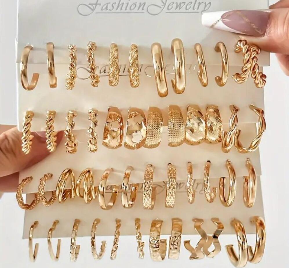 12/48pcs Bohemian Gold Color Metal Earrings Set For Women Fashion Pearl C-Shape Stud Earrings Daily Party Jewelry Festivals Gift