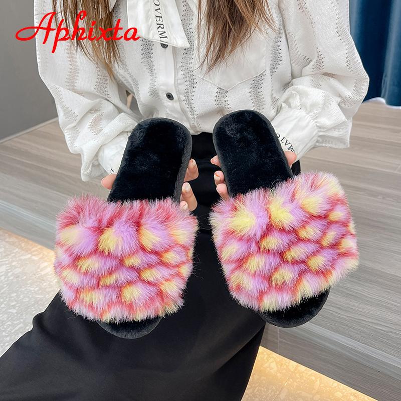 Aphixta 2025 Winter Home Cotton Shoes Women Faux Fur Soft Warm Indoor Colorful Slipper Flip Flops Mules Female Big Size 42 43