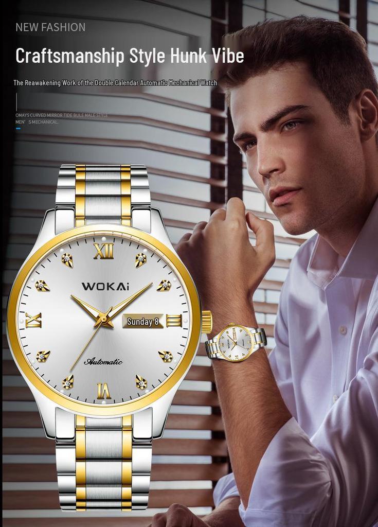 Men's Waterproof Quartz Steel Band Watch with Double Calendar
