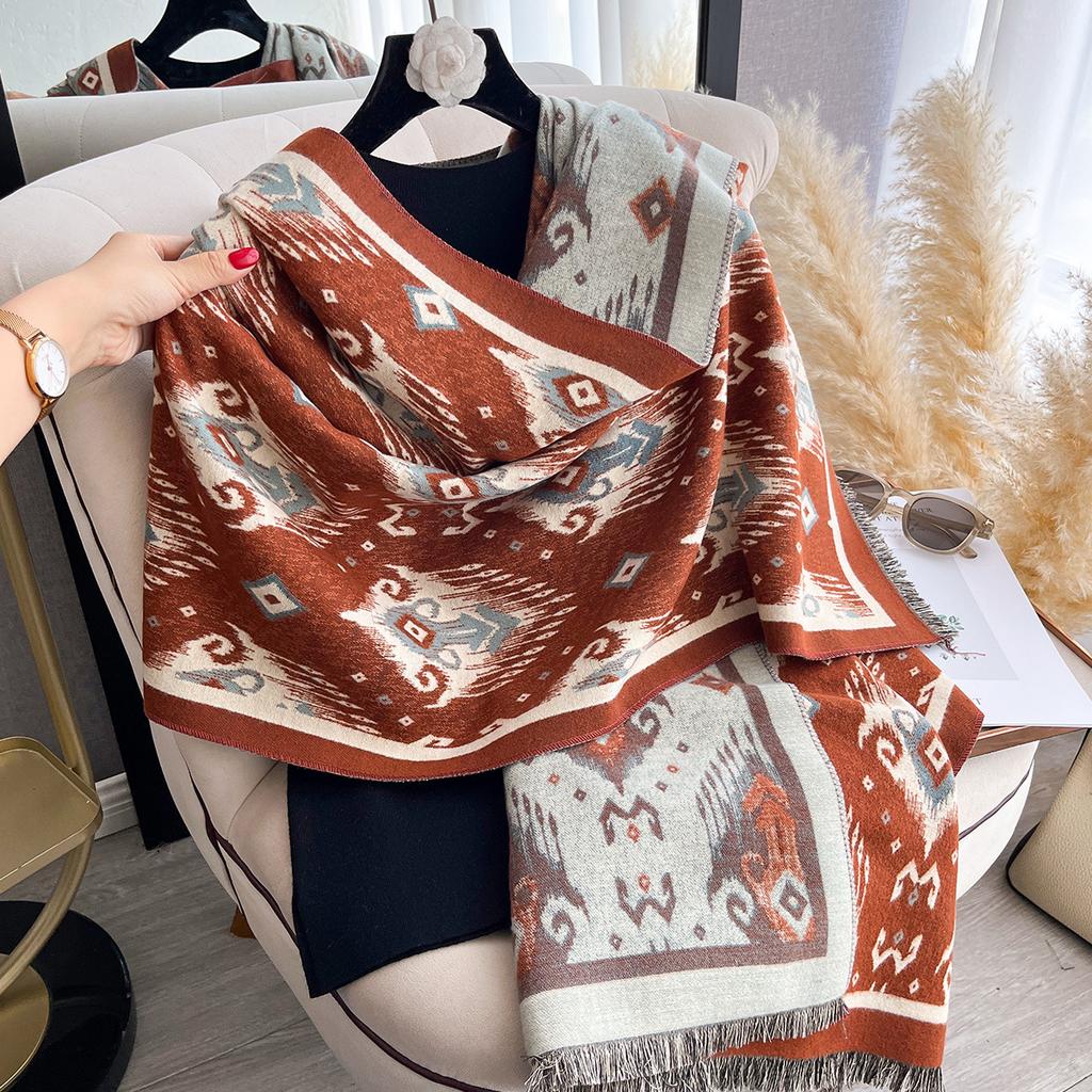 Retro Printing Fashion Imitation Cashmere Scarf Women's Winter Versatile Double-sided Thickened Student Scarf Dual-purpose Shawl Outside