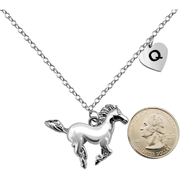 BANCHELLE Horse Necklace Heart Initial Pendant Necklace Silver with Pouch for Women Men I