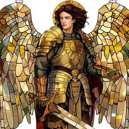 Religious Theme Room Decor Golden Archangel Warrior Acrylic Suncatcher, Faux Stained Glass Window Hanging Wing Armor Gift with Metal Chain,