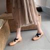 Fuji Orange, Dark Retro Square Head Cross-strapped Ballet Shoes, Leather Thick Heel Mary Jane Shoes