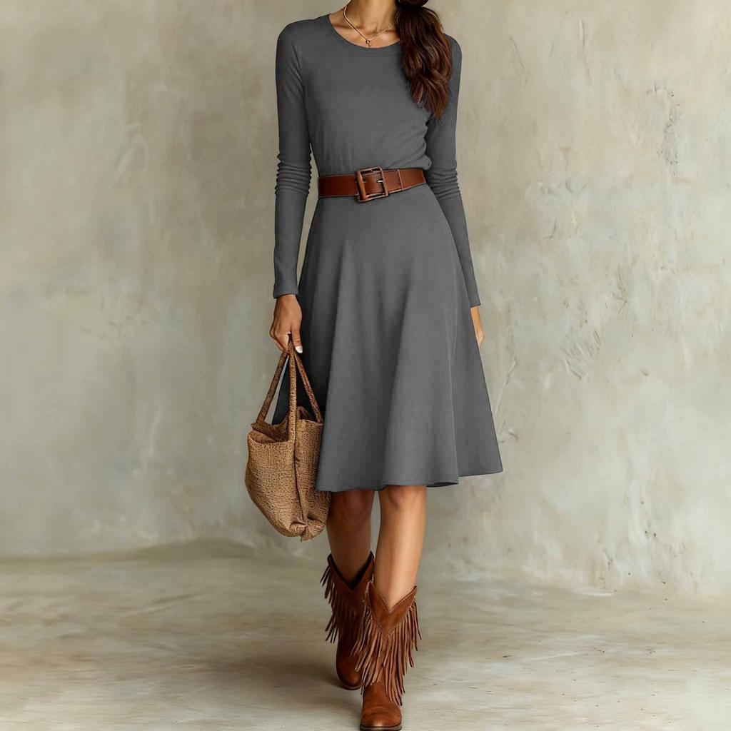 Fashionable Women's Elegant Western Round Neck Knitted Long Sleeved Spring And Dress
