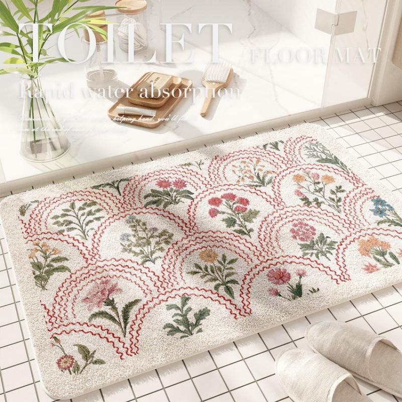 Floor Mat Bathroom Absorbent Mat American Floral Toilet Floor Mat Stain-resistant Door Mat Cashmere Mat