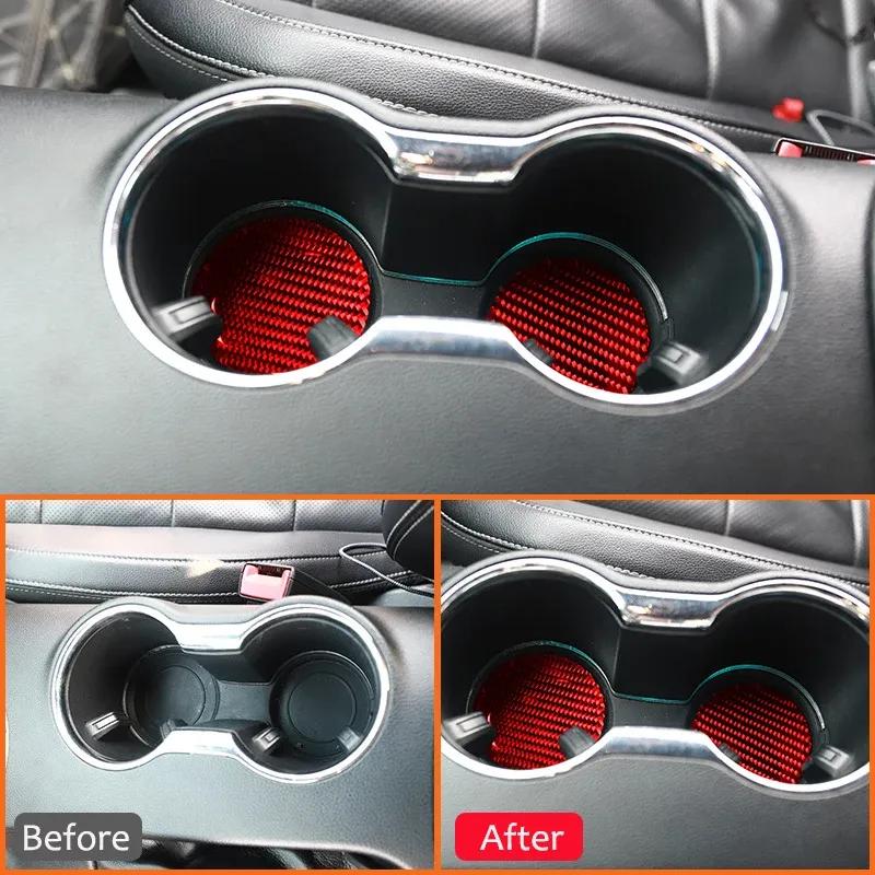 2PCS Carbon Fiber Car Center Water Cup Holder Coaster Texture Mat Anti-Slip Pad Decoration Sticker For Ford Mustang 2015-