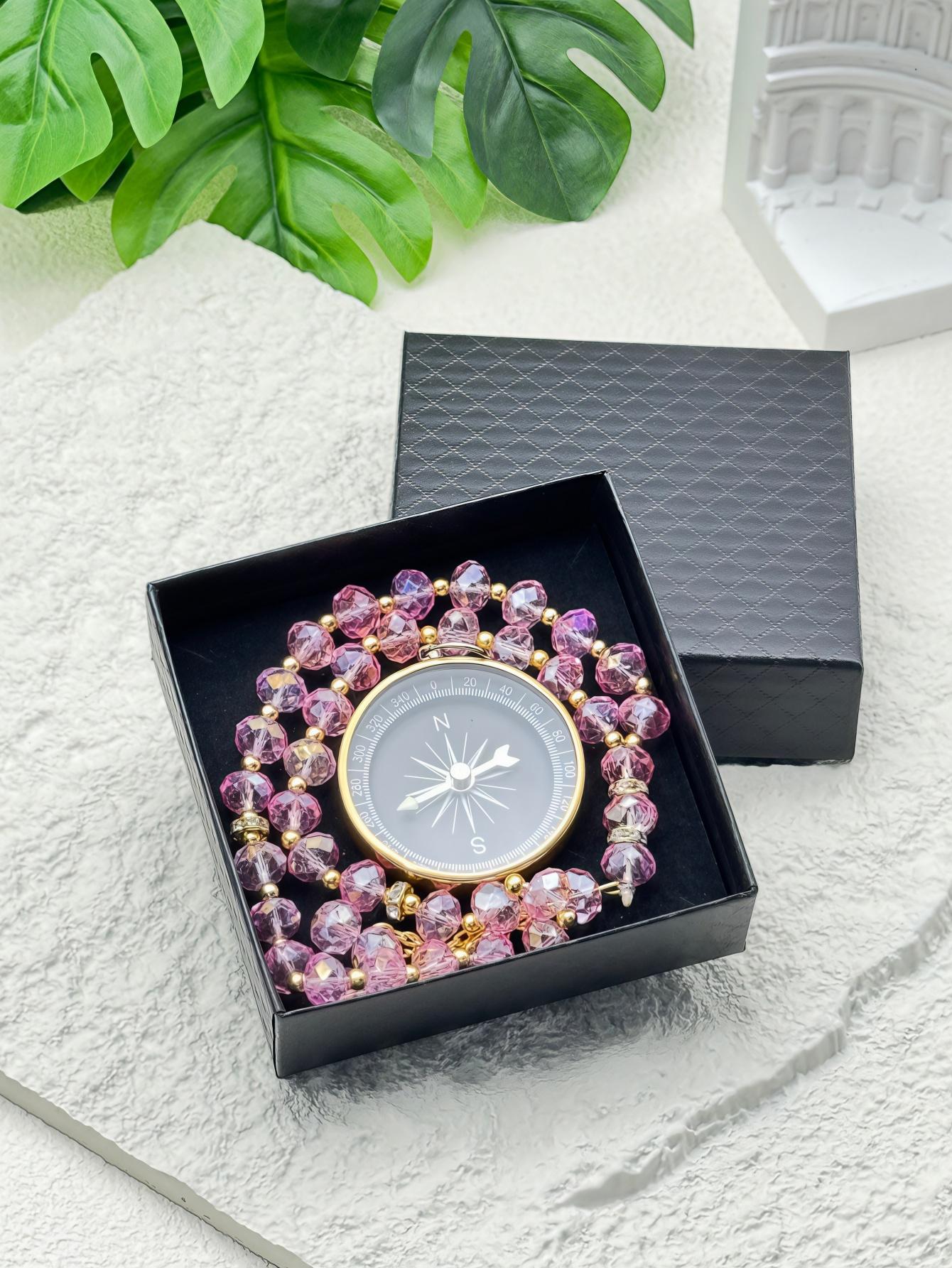 

33 Beads 10mm Clear Crystal Glass Tasbih with Compass Gift Box, Handmade Islamic Prayer Beads, Muslim Gift Bracelet рожевий