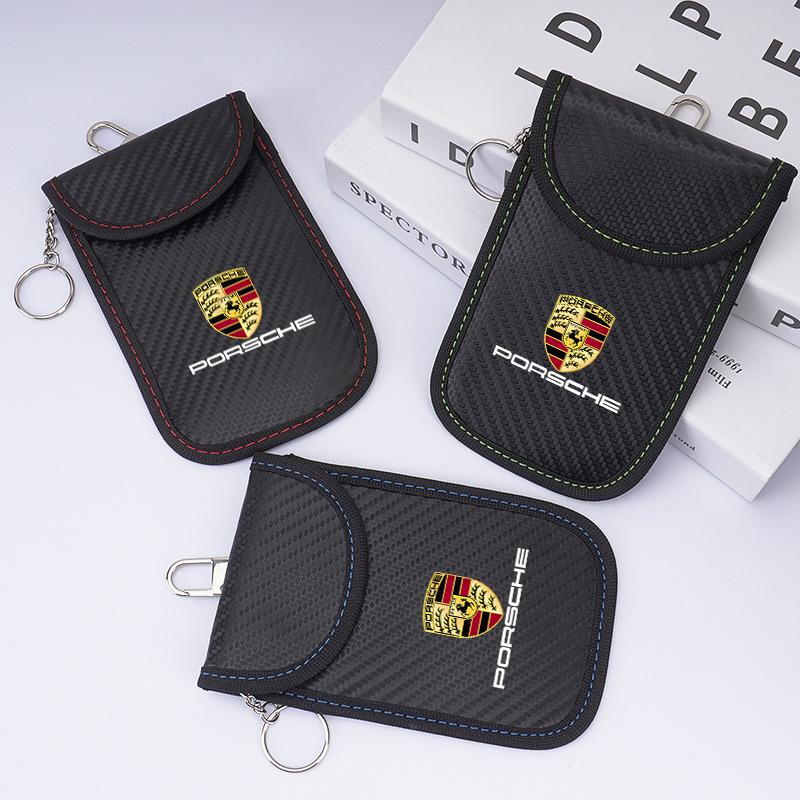 AFEBO1 For Porsche Panamera Cayenne Taycan 911 718 Macan Carrera-GT 928 944 968 Leather Car KeyCase Signal Blocker Bag Shielding Pocket