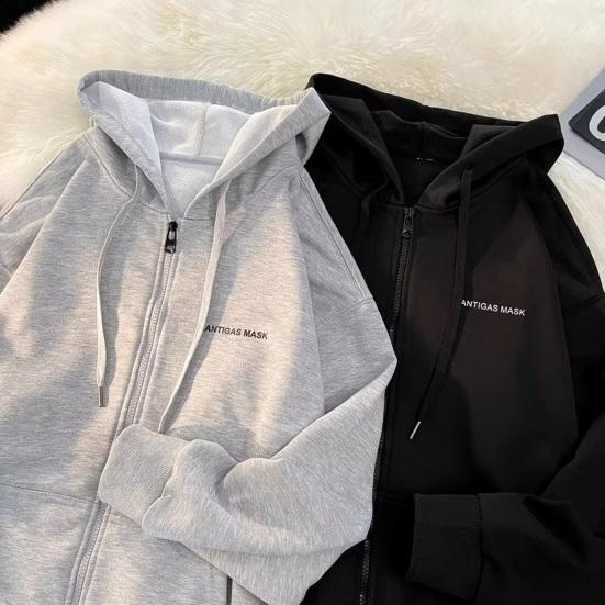 Męska Bluza z Kapturem Jesień Zima Sznurek Luźny z Kapturem Zapinana na Zamek Kardigan Okrycie Wierzchnie z