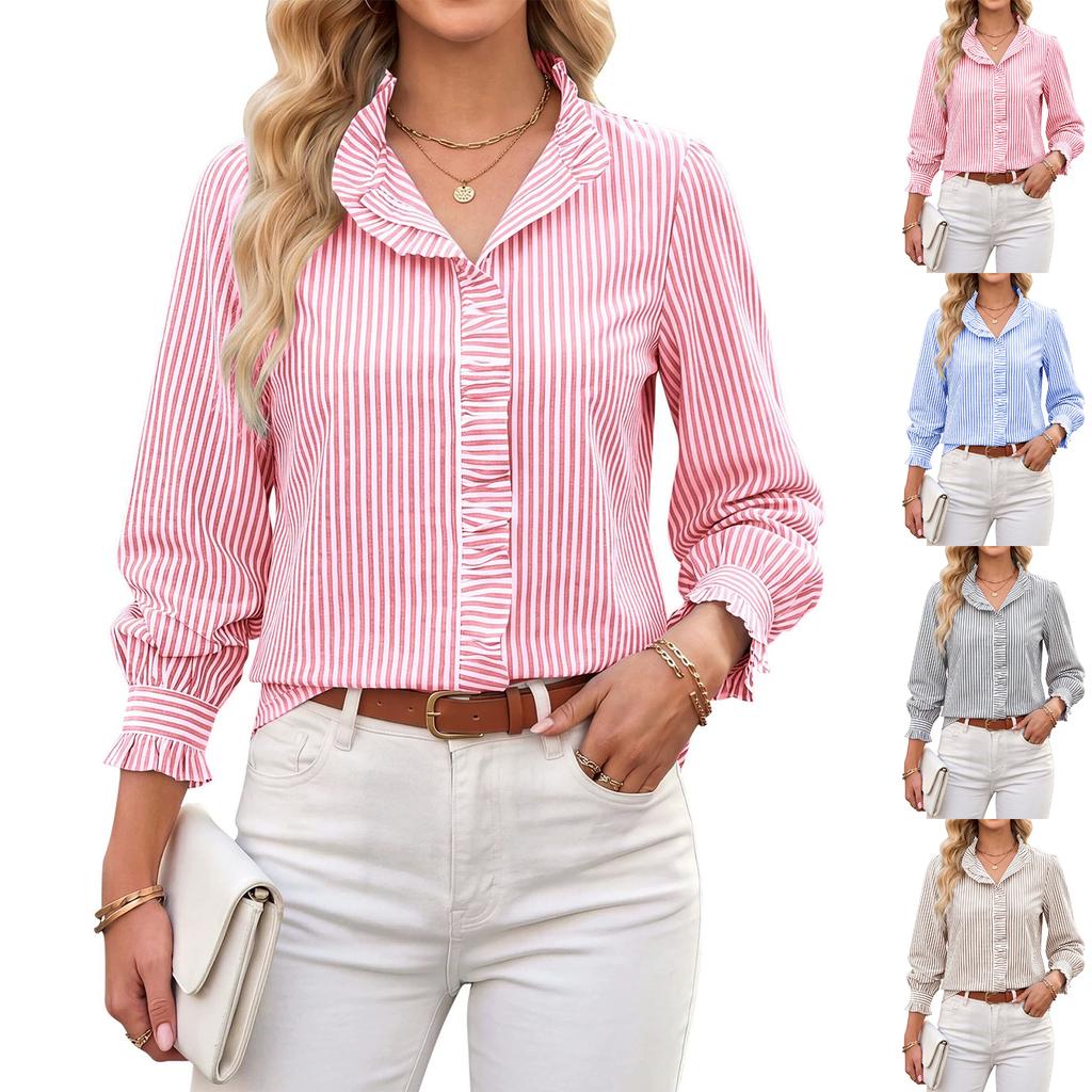 Women's Striped Long Sleeve Shirt V Neck Casual Button Down Shirt Lightweight Relaxed Fit Blouse for Everyday Wear