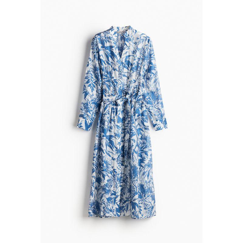 

HM Women s Clothing Florals Dress Autumn Elegant Graceful Tied V-neck Long Sleeves Mid-Length Shirt Dress 1236832 White/Blue Florals 170/116