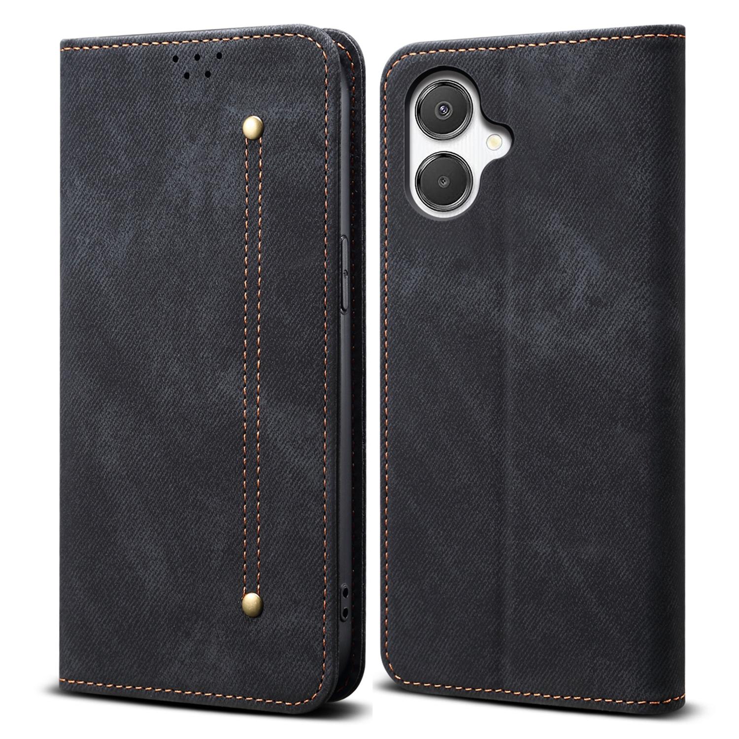 

For Samsung Galaxy A07 Case Jeans Cloth Texture Anti-Scratch Leather Stand Phone Cover Black