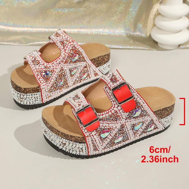 

Spot thick-bottomed rhinestone slippers women s summer new cork muffin one-word cool slippers 43 червоний