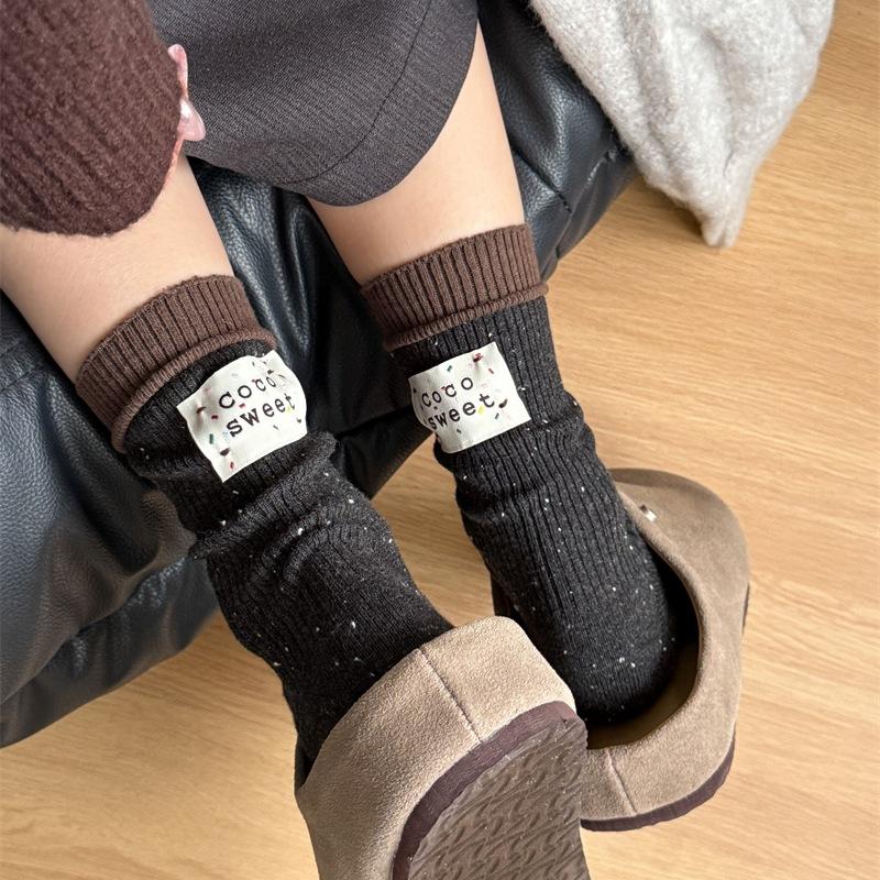 Female Spring and Autumn Retro Color Point Yarn Heel Color Cloth Label in The Tube Pile Socks