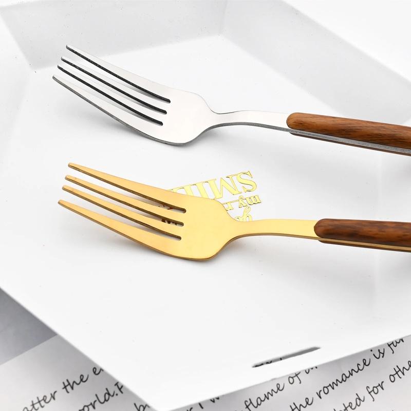 Brown Gold Stainless Steel Dinnerware Set with Imitation Wooden Handle - 4/16 Piece Cutlery Set including Knife, Spoon, Fork